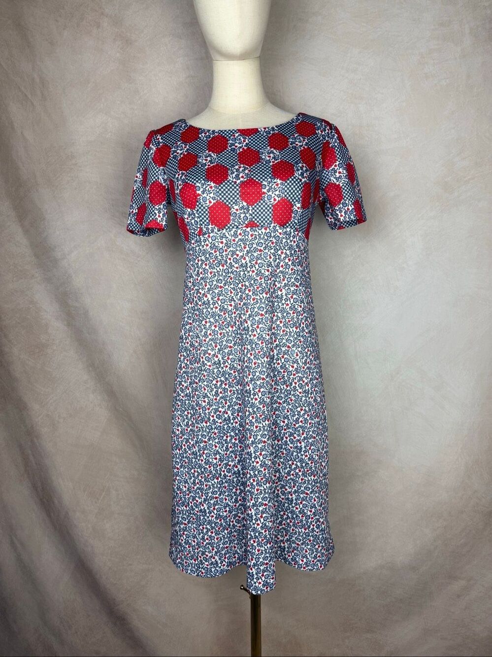 Vintage 1960s Midi Dress Red White Blue Floral Size S Handmade Mod MCM GoGo
